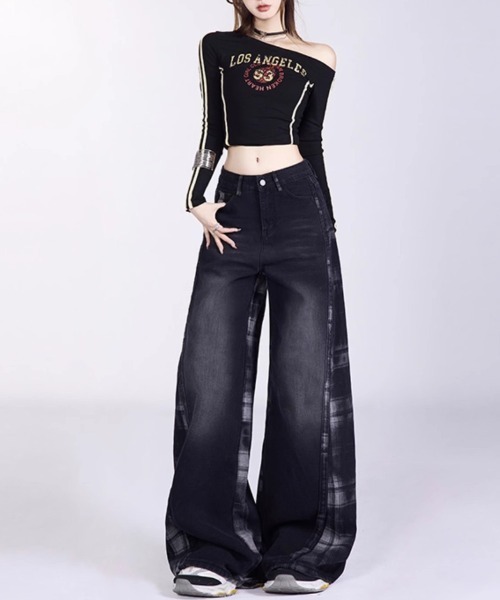 gossip!ロサンゼルス(ゴシップロサンゼルス)の「チェックパターン切り替えワイドデニム(デニムパンツ・レディース・ブラック・M/S/L)」の17枚目の写真