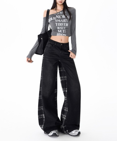 gossip!ロサンゼルス(ゴシップロサンゼルス)の「チェックパターン切り替えワイドデニム(デニムパンツ・レディース・ブラック・M/S/L)」の19枚目の写真