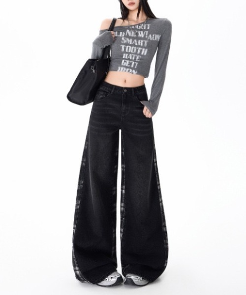 gossip!ロサンゼルス(ゴシップロサンゼルス)の「チェックパターン切り替えワイドデニム(デニムパンツ・レディース・ブラック・M/S/L)」の2枚目の写真