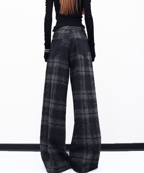 gossip!ロサンゼルス(ゴシップロサンゼルス)の「チェックパターン切り替えワイドデニム(デニムパンツ・レディース・ブラック・M/S/L)」の6枚目の写真