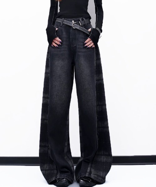 gossip!ロサンゼルス(ゴシップロサンゼルス)の「チェックパターン切り替えワイドデニム(デニムパンツ・レディース・ブラック・M/S/L)」の7枚目の写真