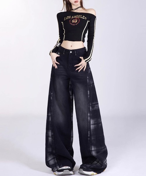 gossip!ロサンゼルス(ゴシップロサンゼルス)の「チェックパターン切り替えワイドデニム(デニムパンツ・レディース・ブラック・M/S/L)」の10枚目の写真