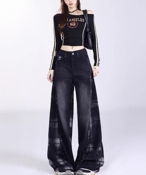 gossip!ロサンゼルス(ゴシップロサンゼルス)の「チェックパターン切り替えワイドデニム(デニムパンツ・レディース・ブラック・M/S/L)」の21枚目の写真