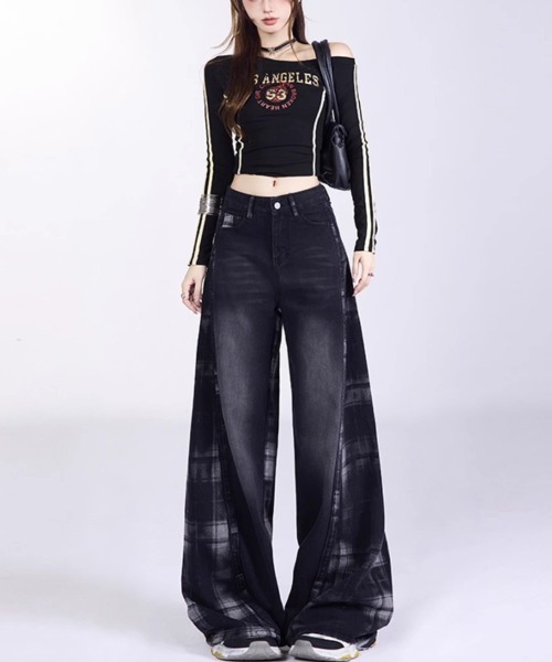 gossip!ロサンゼルス(ゴシップロサンゼルス)の「チェックパターン切り替えワイドデニム(デニムパンツ・レディース・ブラック・M/S/L)」の22枚目の写真