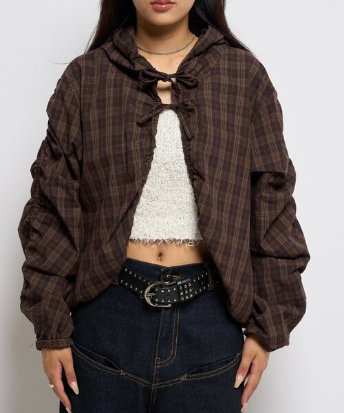 WHO'S WHO gallery（フーズフーギャラリー）の「ギャザーフードシャツブルゾン（ブルゾン・レディース・ブラック/ブラック系その他/ブラウン/ホワイト・FREE）」の9枚目の写真