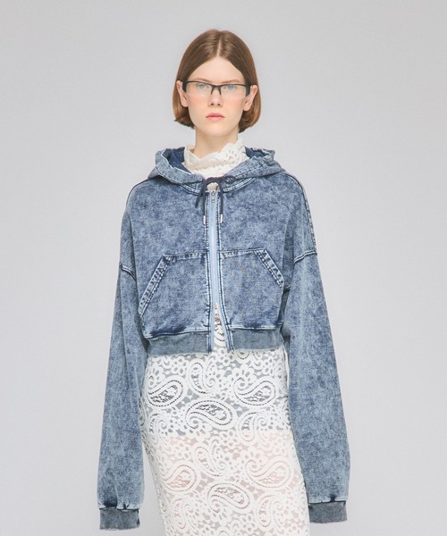 Nora Lily "elle" chemical denim‑like sweat zip‑up hoodie