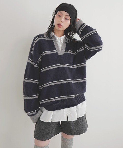 最終sale⭐︎新品未使用✦︎TONAL❤︎バックフレア❤︎ボーダーニット Yohji Yamamoto POUR HOMME モヘア×アルパカ×ウールタートルロング