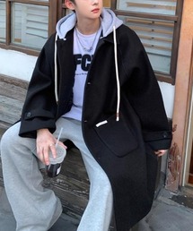 フード付きミドル丈ウールタッチコート