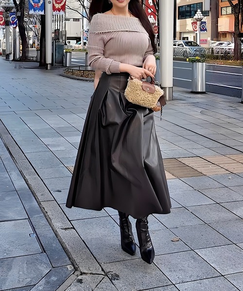 セール】ヘップバーンレザーロングフレアスカート（スカート