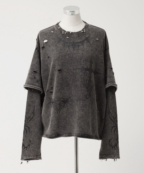 REFLEM（レフレム）の「『REFLEM/レフレム』フェイクレイヤードダメージPO/プルオーバースウェットシャツ（スウェット・レディース・ブラック/グレー・FREE）」の12枚目の写真