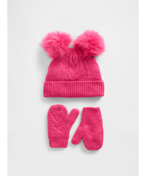 GAP(ギャップ)の「ケーブルニット ポンポン ビーニー&ミトンセット (幼児・ベビー)(ニットキャップ/ビーニー・キッズ・ピンク・12-24M/2-3 YRS/4-5 YRS)」の1枚目の写真