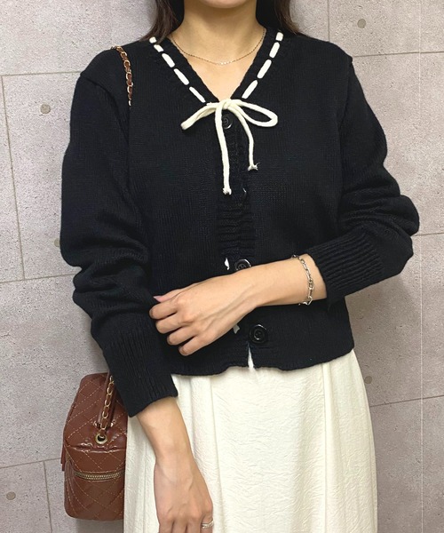 セール】クロップド丈ステッチリボンニットカーディガン（カーディガン