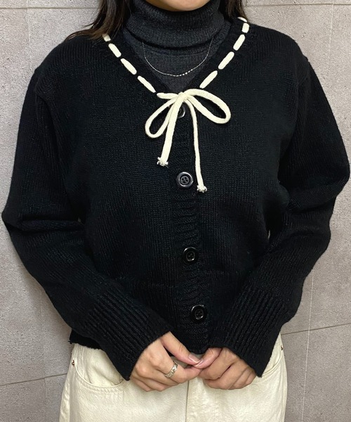 セール】クロップド丈ステッチリボンニットカーディガン（カーディガン