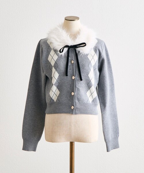 OLIVE des OLIVE（オリーブデオリーブ）の「ファーティペット付きアーガイルニット（ニット/セーター・レディース・トップグレー/オフホワイト/レッド/ブラック・FREE）」の14枚目の写真