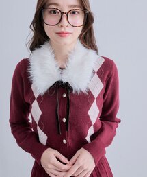 ファーティペット付きアーガイルニット