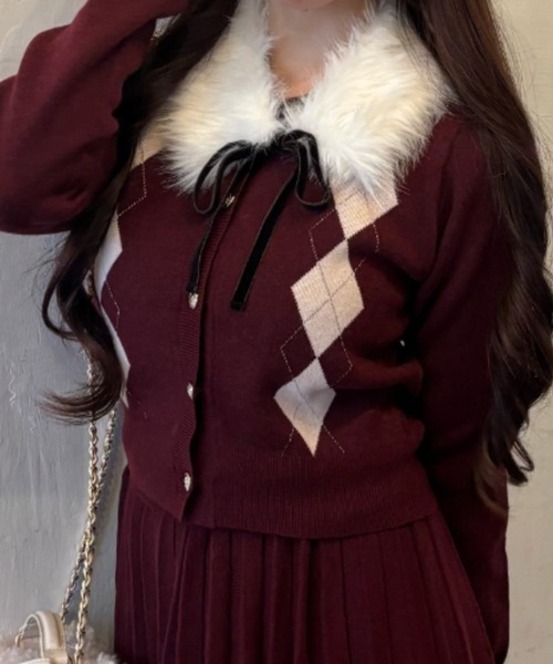 OLIVE des OLIVE（オリーブデオリーブ）の「ファーティペット付きアーガイルニット（ニット/セーター・レディース・トップグレー/オフホワイト/レッド/ブラック・FREE）」の7枚目の写真