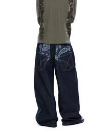 セール】98 Printed Knee Pin-tuck Denim Pants (Black)（デニムパンツ