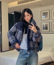 ブルーレーベルフード付きネイビーチェックダウンジャケット COAT COLLECTION｜BLUE LABEL CRESTBRIDGE(ブルーレーベル