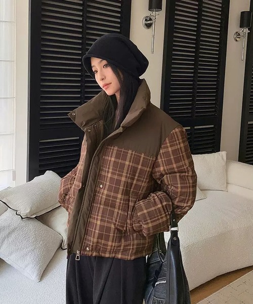 セール】【EIZZ/アイズ】チェック柄 切り替え クロップド 中綿