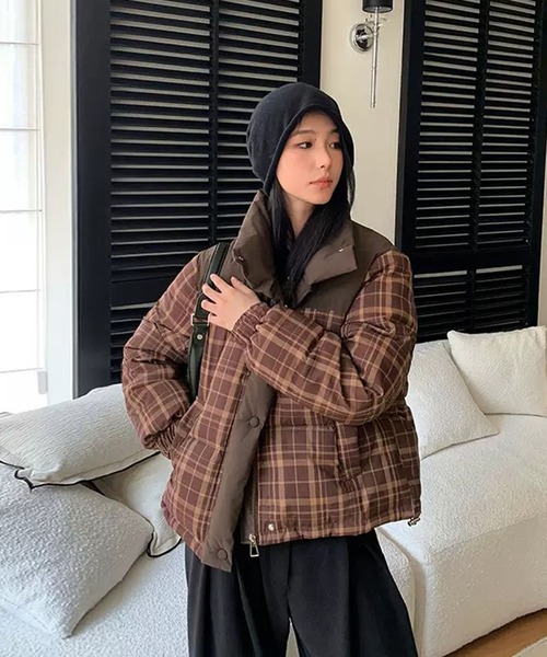 セール】【EIZZ/アイズ】チェック柄 切り替え クロップド 中綿