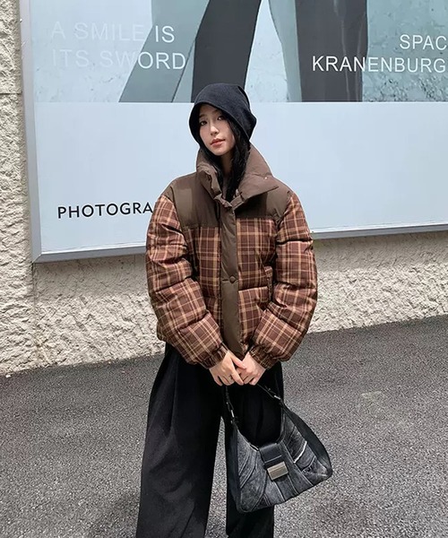 セール】【EIZZ/アイズ】チェック柄 切り替え クロップド 中綿