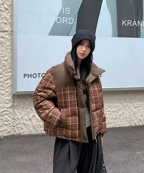 セール】【EIZZ/アイズ】チェック柄 切り替え クロップド 中綿