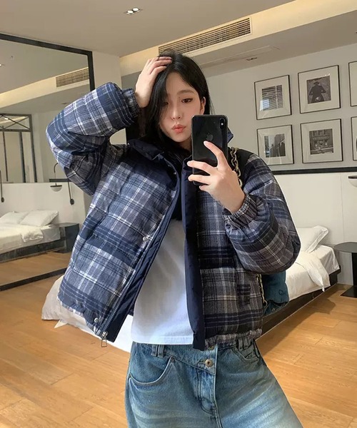 セール】【EIZZ/アイズ】チェック柄 切り替え クロップド 中綿