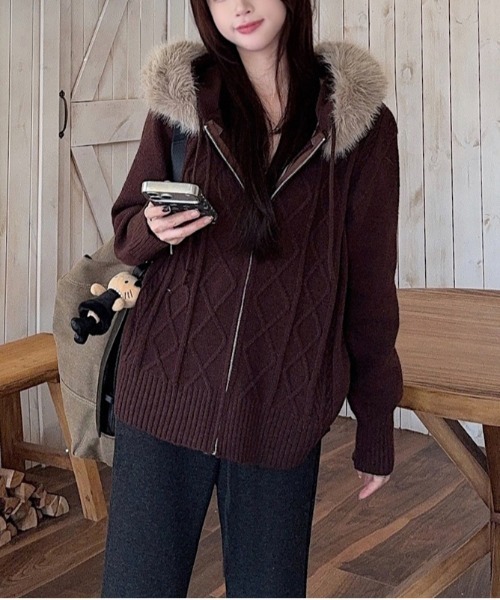 gossip!ロサンゼルス(ゴシップロサンゼルス)の「2WAYファー フードニットパーカー Y2K(パーカー・レディース・ダークブラウン・M)」の9枚目の写真