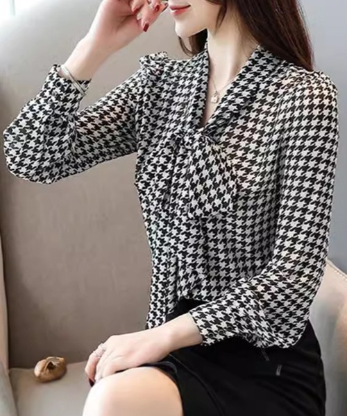 Flugge(フラッジー)の「千鳥格子リボンブラウス(シャツ/ブラウス・レディース・ブラック・LARGE/MEDIUM)」の1枚目の写真