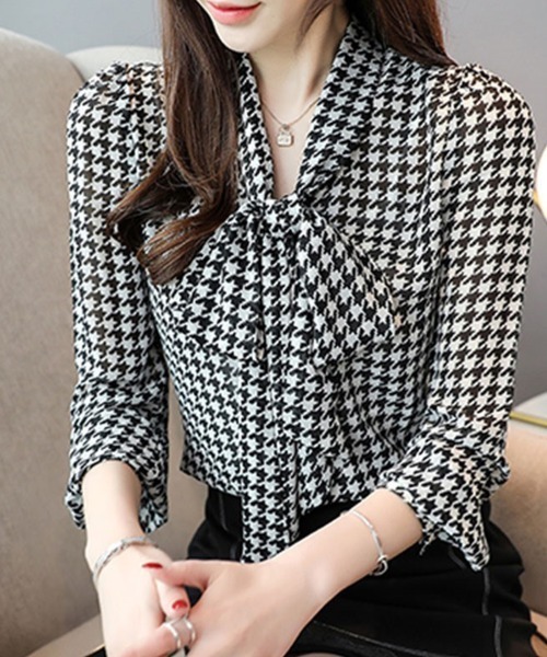 Flugge(フラッジー)の「千鳥格子リボンブラウス(シャツ/ブラウス・レディース・ブラック・LARGE/MEDIUM)」の2枚目の写真