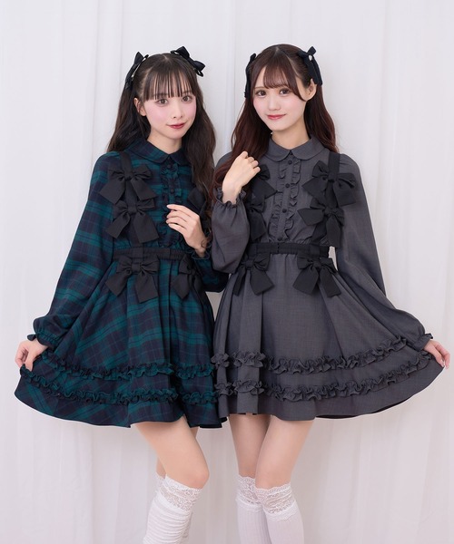 Honey Cinnamon（ハニーシナモン）の「リボンハーネスセットワンピース（ワンピース・レディース・ダークグレー/ダークグリーン・FREE）」の3枚目の写真