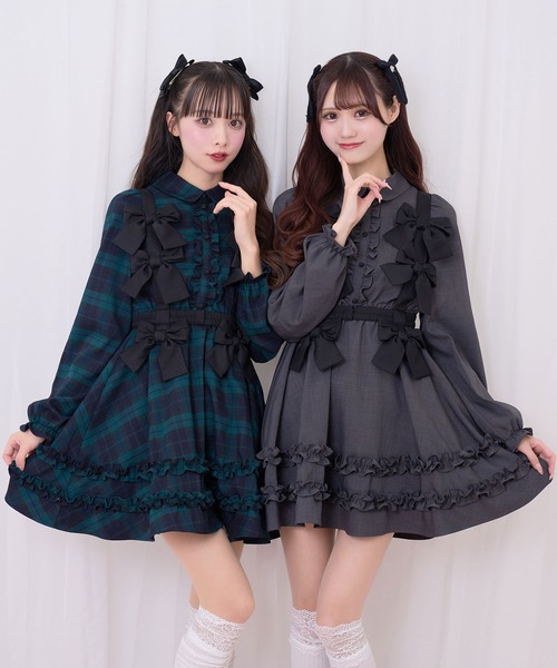 Honey Cinnamon（ハニーシナモン）の「リボンハーネスセットワンピース（ワンピース・レディース・ダークグレー/ダークグリーン・FREE）」の4枚目の写真