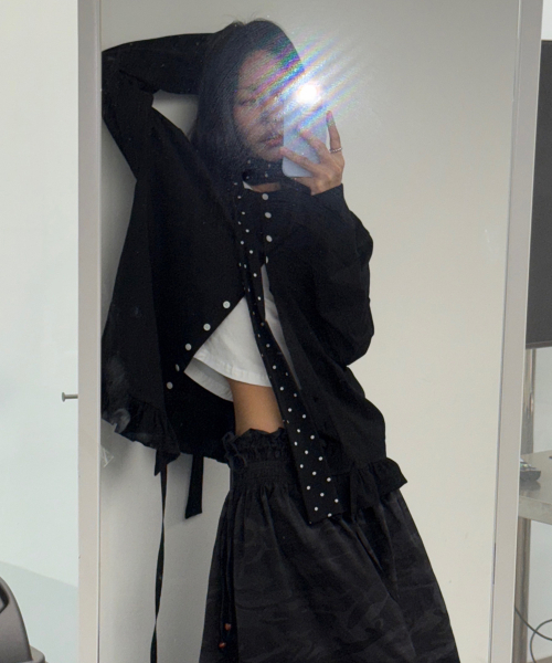 PLASMASPHERE（プラズマスフィア）の「ネティドットスカーフセットアップシャーリングカンカンバクシTシャツカーディガン_ブラック（カーディガン/ボレロ・レディース・ブラック・FREE）」の4枚目の写真