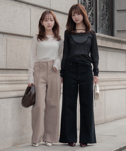 SENEE（セニー）の「high waist pintuck flare pants(ハイウエストピンタックフレアパンツ)（デニムパンツ・レディース・ベージュ/ブラック・MEDIUM/SMALL）」の16枚目の写真