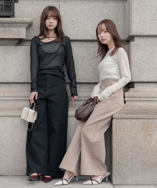 SENEE（セニー）の「high waist pintuck flare pants(ハイウエストピンタックフレアパンツ)（デニムパンツ・レディース・ベージュ/ブラック・MEDIUM/SMALL）」の19枚目の写真