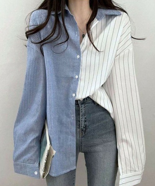 GLAMOROUS JANE(グラマラスジェーン)の「ストラップ柄切替ドッキングシャツ(シャツ/ブラウス・レディース・ブラック/ブルー・FREE)」の2枚目の写真