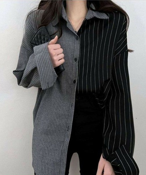 GLAMOROUS JANE(グラマラスジェーン)の「ストラップ柄切替ドッキングシャツ(シャツ/ブラウス・レディース・ブラック/ブルー・FREE)」の1枚目の写真