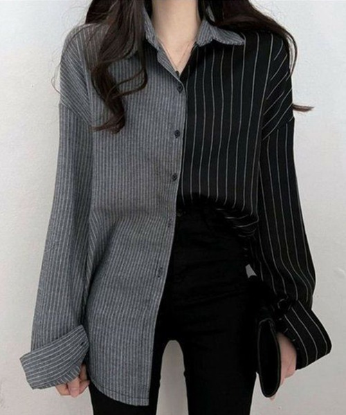 GLAMOROUS JANE(グラマラスジェーン)の「ストラップ柄切替ドッキングシャツ(シャツ/ブラウス・レディース・ブラック/ブルー・FREE)」の3枚目の写真