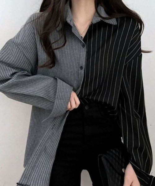GLAMOROUS JANE(グラマラスジェーン)の「ストラップ柄切替ドッキングシャツ(シャツ/ブラウス・レディース・ブラック/ブルー・FREE)」の5枚目の写真