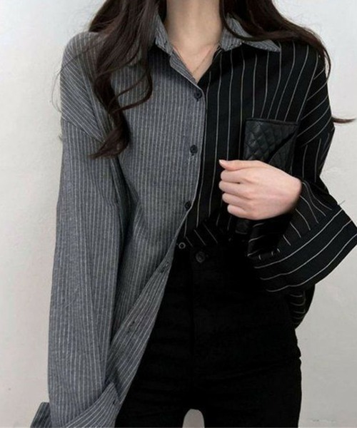 GLAMOROUS JANE(グラマラスジェーン)の「ストラップ柄切替ドッキングシャツ(シャツ/ブラウス・レディース・ブラック/ブルー・FREE)」の6枚目の写真