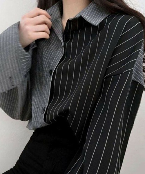 GLAMOROUS JANE(グラマラスジェーン)の「ストラップ柄切替ドッキングシャツ(シャツ/ブラウス・レディース・ブラック/ブルー・FREE)」の9枚目の写真