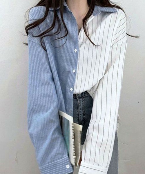 GLAMOROUS JANE(グラマラスジェーン)の「ストラップ柄切替ドッキングシャツ(シャツ/ブラウス・レディース・ブラック/ブルー・FREE)」の10枚目の写真