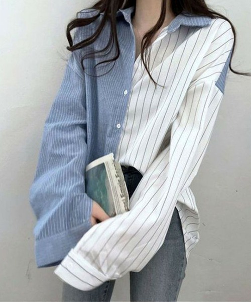 GLAMOROUS JANE(グラマラスジェーン)の「ストラップ柄切替ドッキングシャツ(シャツ/ブラウス・レディース・ブラック/ブルー・FREE)」の14枚目の写真