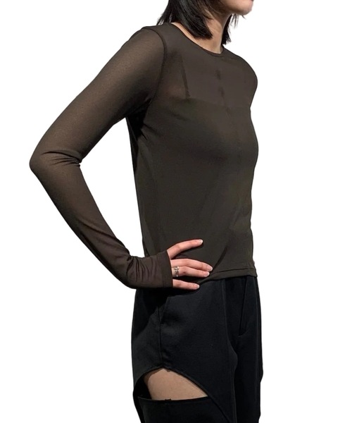 JOHN LAWRENCE SULLIVAN（ジョンローレンスサリバン）の「SEE-THROUGH CREW NECK TOP（Tシャツ/カットソー・レディース・ブラック/ブラウン/ベージュ・ONE SIZE）」の4枚目の写真
