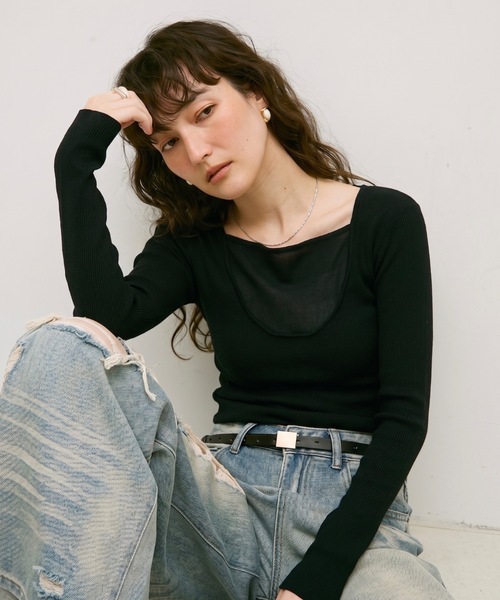 Lutim by u（ルチバイユー）の「【接触冷感】シャーベット2wayリブニットトップス（Tシャツ/カットソー・レディース・イエロー/ブラック×ホワイト/ホワイト/ブラック・FREE）」の2枚目の写真