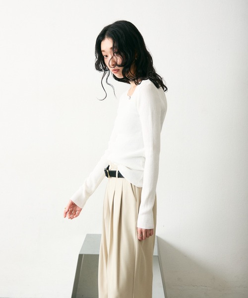 Lutim by u（ルチバイユー）の「【接触冷感】シャーベット2wayリブニットトップス（Tシャツ/カットソー・レディース・イエロー/ブラック×ホワイト/ホワイト/ブラック・FREE）」の12枚目の写真