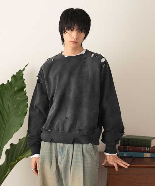 LUCY(ルーシー)の「LUCY/【26年春新作】ショートダメージプルオーバー(スウェット・メンズ・ブラック系その他/オフホワイト・LARGE/MEDIUM)」の2枚目の写真