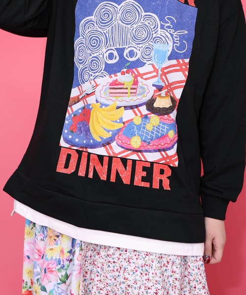 ScoLar(スカラー)の「161610:スカラーちゃんの夕食柄レイヤード風配色プルオーバー(Tシャツ/カットソー・レディース・ブラック/アイボリー/グリーン・M)」の9枚目の写真