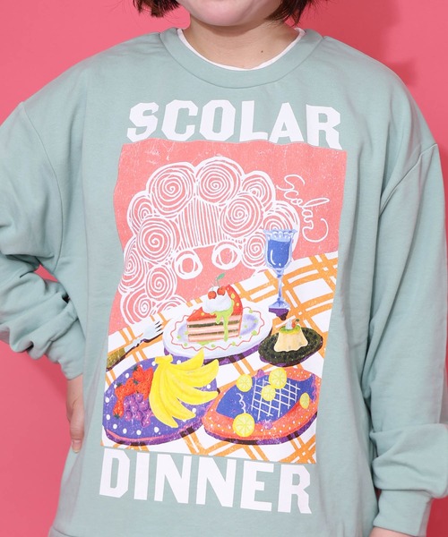 ScoLar(スカラー)の「161610:スカラーちゃんの夕食柄レイヤード風配色プルオーバー(Tシャツ/カットソー・レディース・ブラック/アイボリー/グリーン・M)」の16枚目の写真