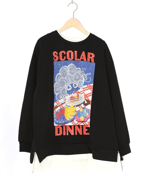 ScoLar(スカラー)の「161610:スカラーちゃんの夕食柄レイヤード風配色プルオーバー(Tシャツ/カットソー・レディース・ブラック/アイボリー/グリーン・M)」の18枚目の写真